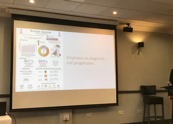 An Australian breast cancer infographic on the conference screen, annotated: emphasis on diagnosis, not progression.