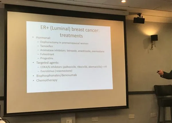 A conference slide on treatments for ER positive, luminal breast cancer: hormonal therapies, targeted agents including CDK4/6 inhibitors, bisphosphonates and chemotherapy.