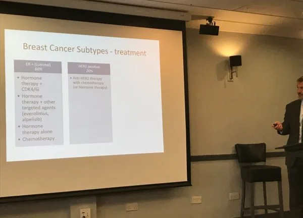 A conference slide headed Breast cancer subtypes and their treatment, comparing the drugs used for each.