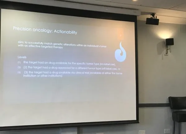 A conference slide headed Precision oncology: actionability, setting out the levels at which a genetic finding can be matched to a targeted therapy.