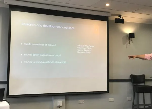 A conference slide headed Research and development questions.