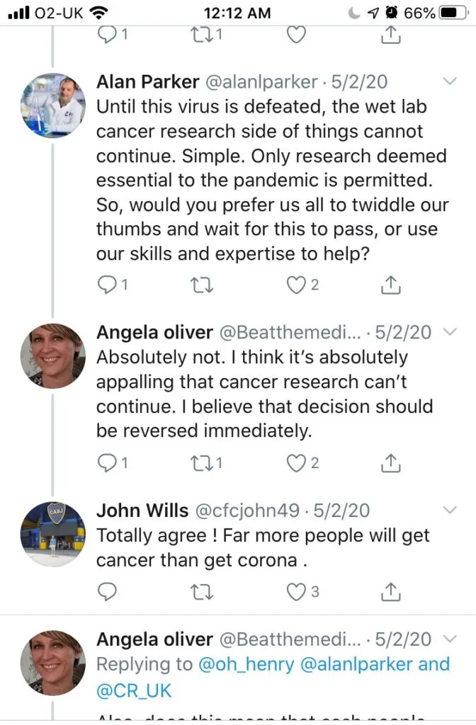 More of the same thread: Alan Parker says only research deemed essential to the pandemic is permitted; Angela Oliver replies that halting cancer research is appalling and the decision should be reversed immediately.