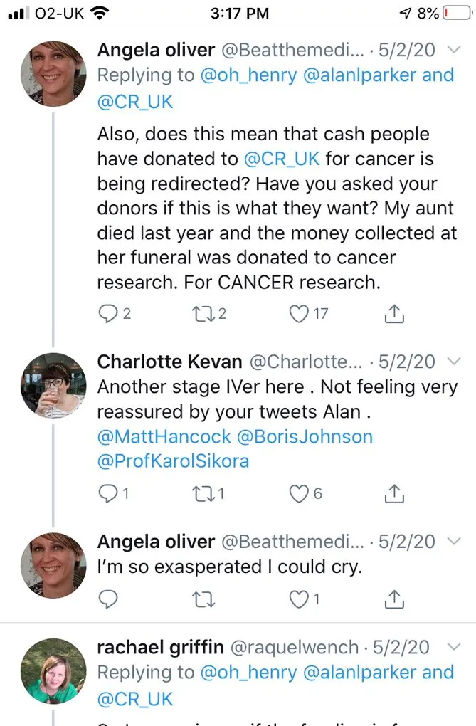 Further replies asking whether money donated for cancer research is being redirected, and saying the tweets are not reassuring to someone living with secondary breast cancer.