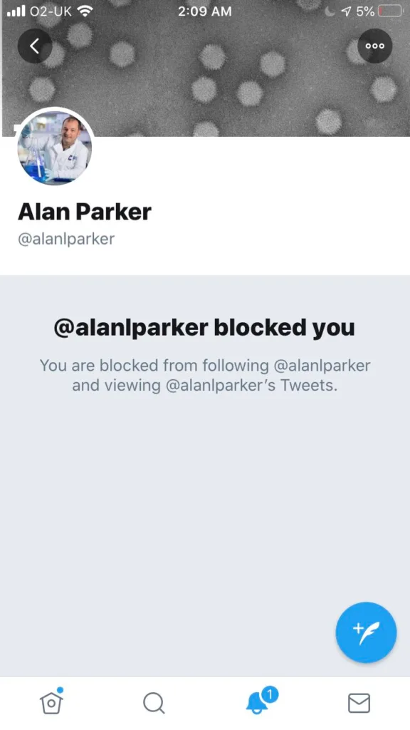 Twitter showing the message: alanlparker blocked you.