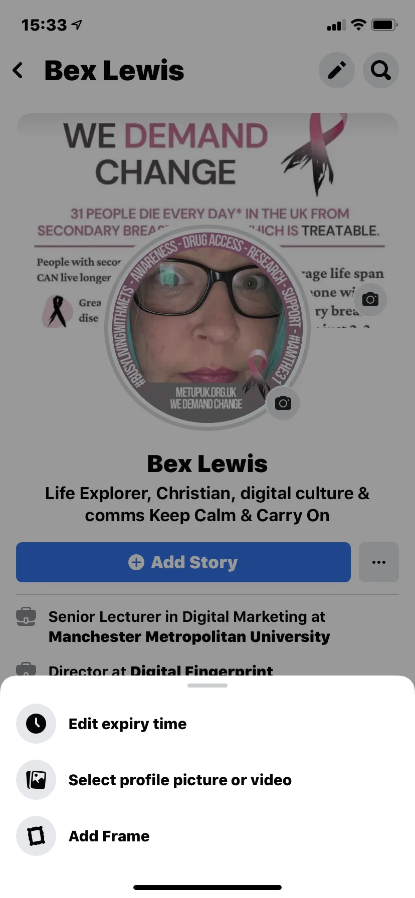 A Facebook profile picture with the METUPUK We Demand Change frame applied, and the menu below showing the Add Frame option.