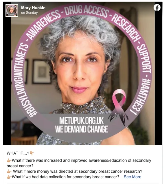 Mary Huckle, with METUP-UK frame, on Facebook
