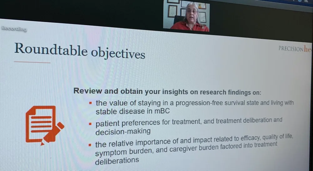 A roundtable slide headed Roundtable objectives: the value of staying in a progression-free survival state, patient preferences for treatment and decision making, and the relative importance of efficacy, quality of life, symptom burden and caregiver burden.