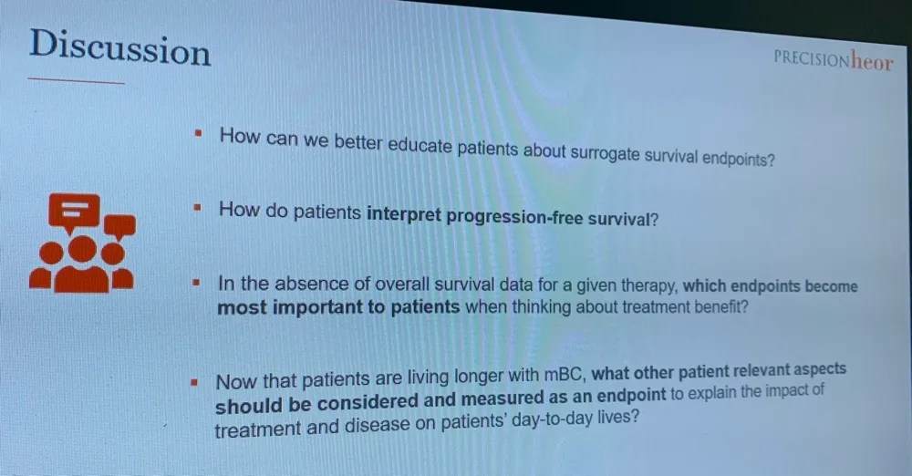 A roundtable discussion slide asking how patients can be better educated about surrogate survival endpoints, how they interpret progression-free survival, and which endpoints matter most in the absence of overall survival data.