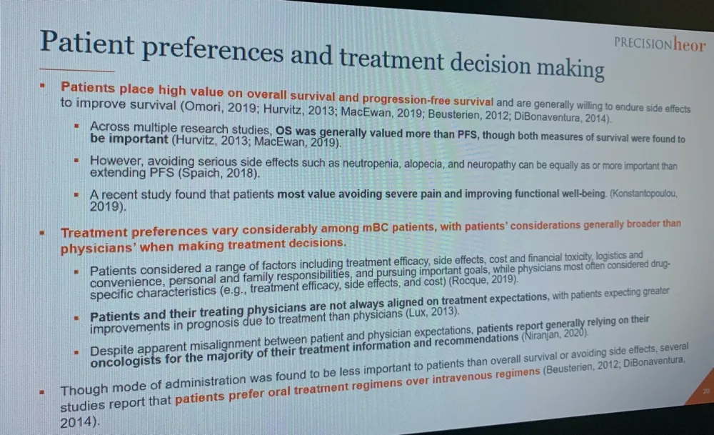 A roundtable slide on patient preferences and treatment decision making, reporting that patients place high value on both overall survival and progression-free survival and are generally willing to endure side effects to improve survival.