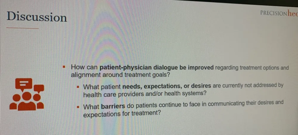 A roundtable discussion slide asking how patient and physician dialogue about treatment goals could be improved, and what barriers patients face in communicating their expectations.