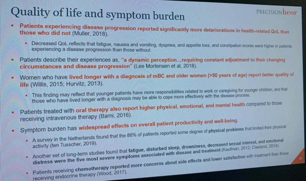 A roundtable slide on quality of life and symptom burden, reporting that patients whose disease progresses experience significantly greater deterioration in health-related quality of life.