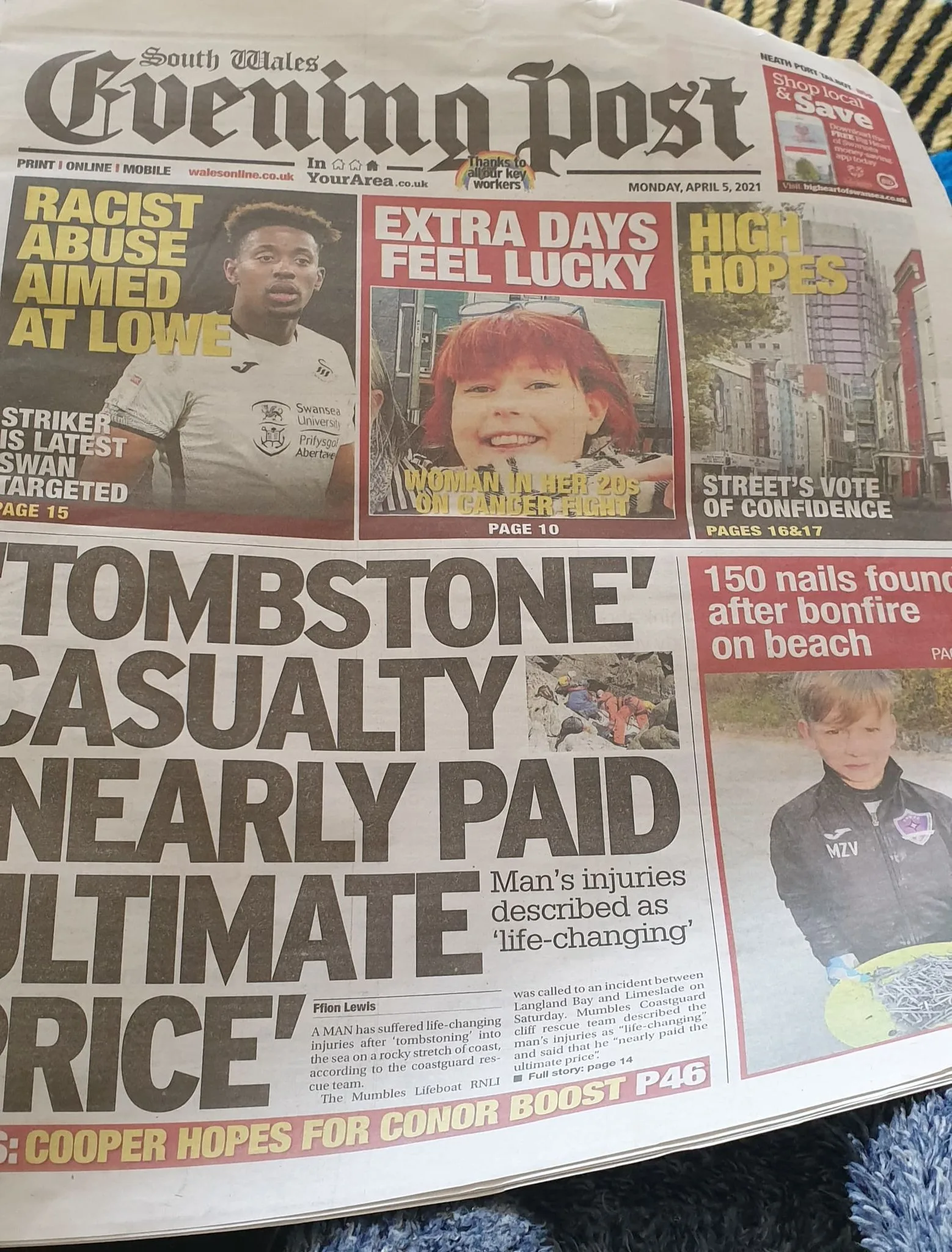 The front page of the South Wales Evening Post.