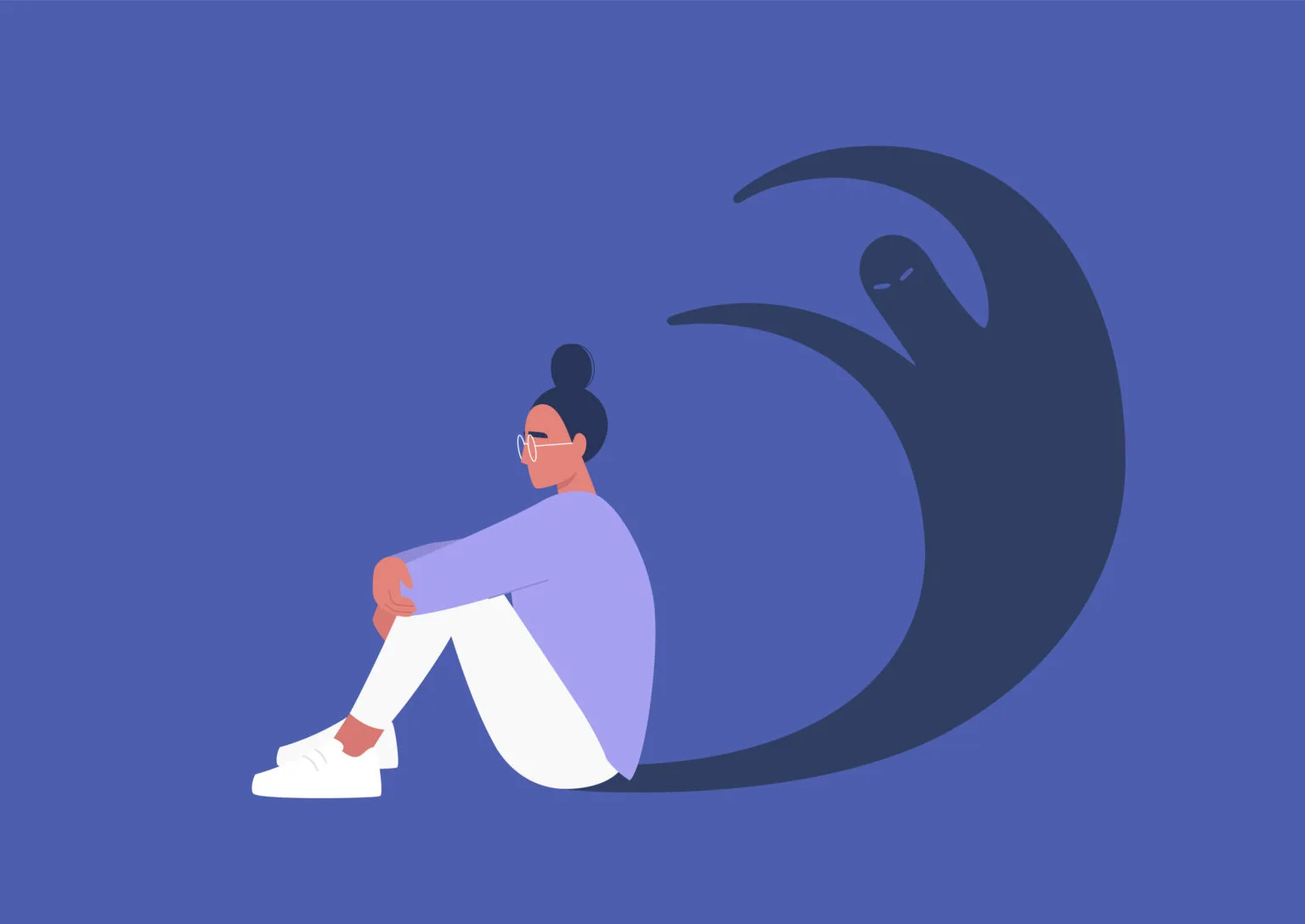 <p>Young female character with, an imaginary monster shadow silhouette, mental health </p>