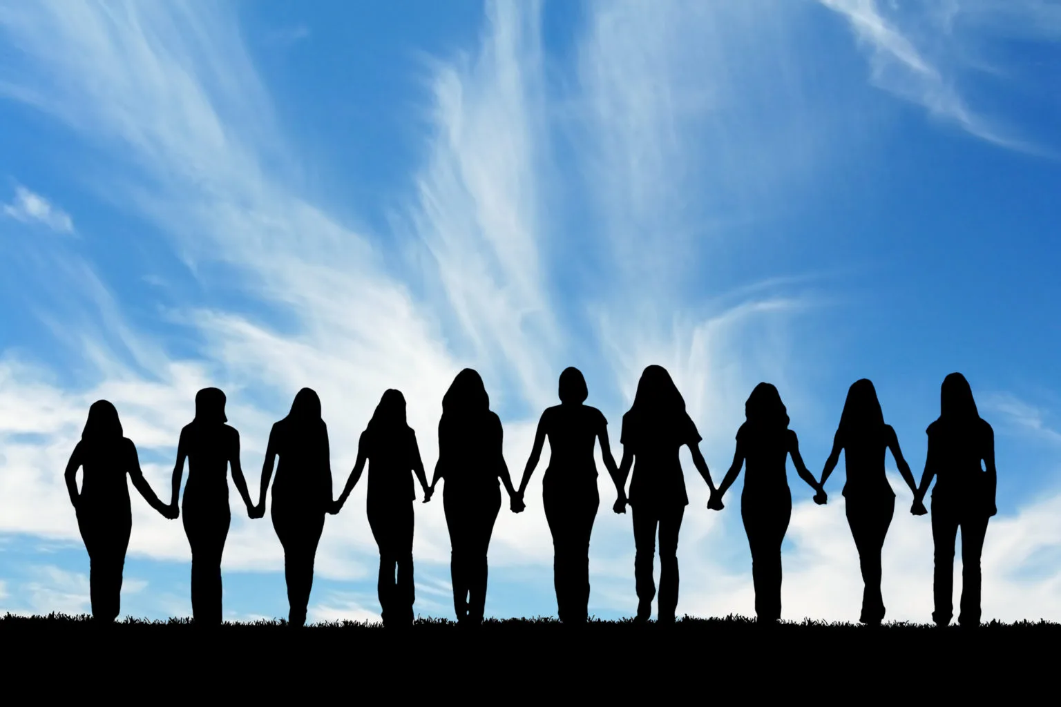 Ten women in silhouette, holding hands in a line against a bright blue sky.