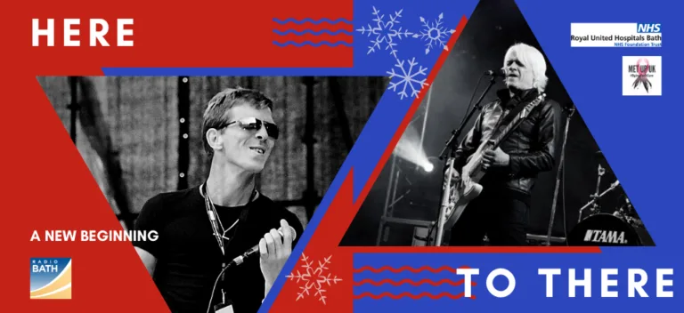 A graphic for the charity single A New Beginning by Here to There, in aid of the Royal United Hospitals Bath, showing two musicians performing.