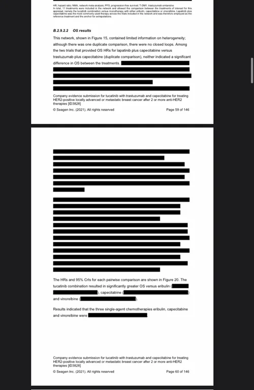 Pages from a drug company evidence submission to NICE, with most of the overall survival results blacked out.