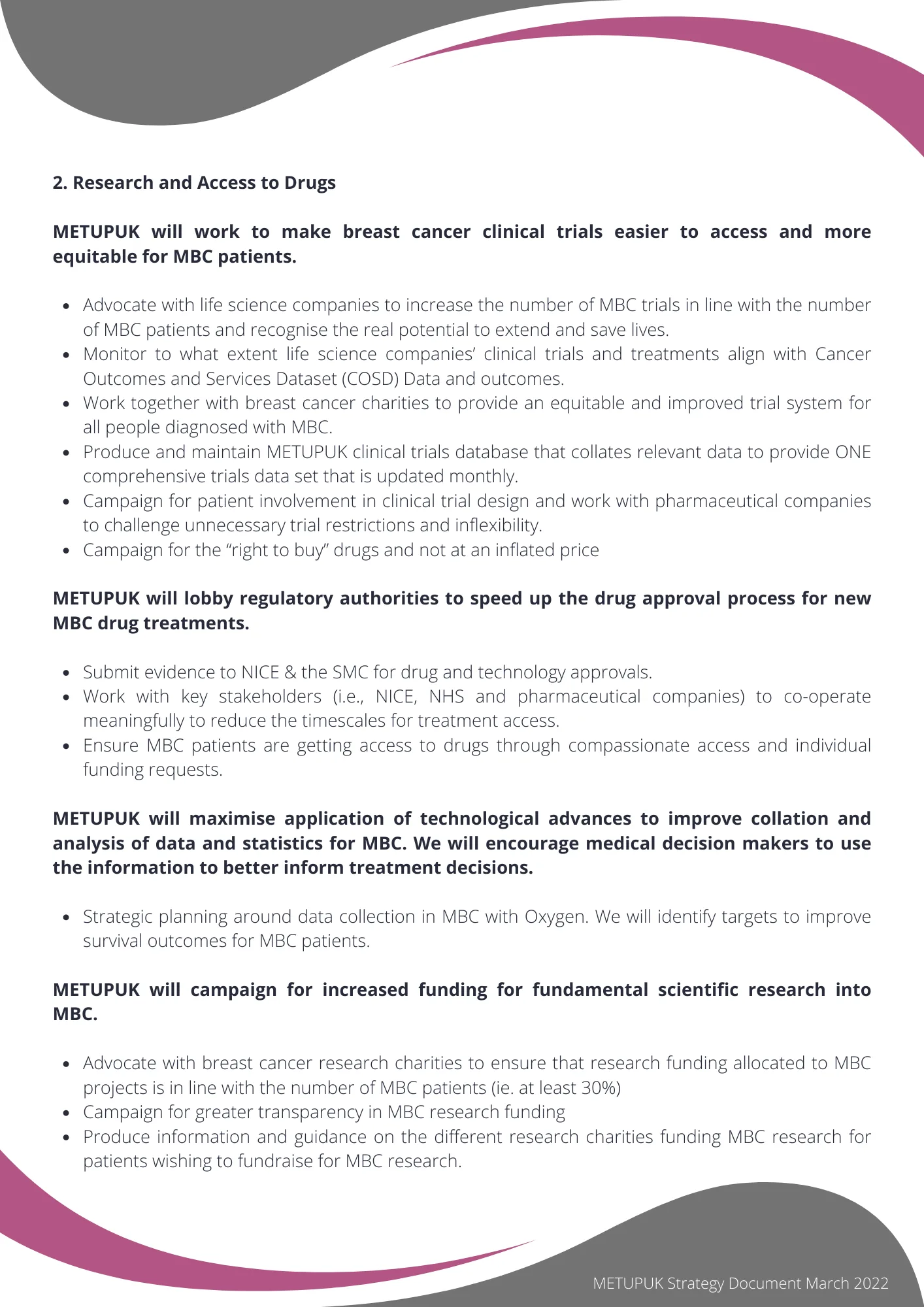 Page two of the METUPUK strategy document: research and access to drugs, including making clinical trials easier to reach and lobbying regulators to speed up drug approval.