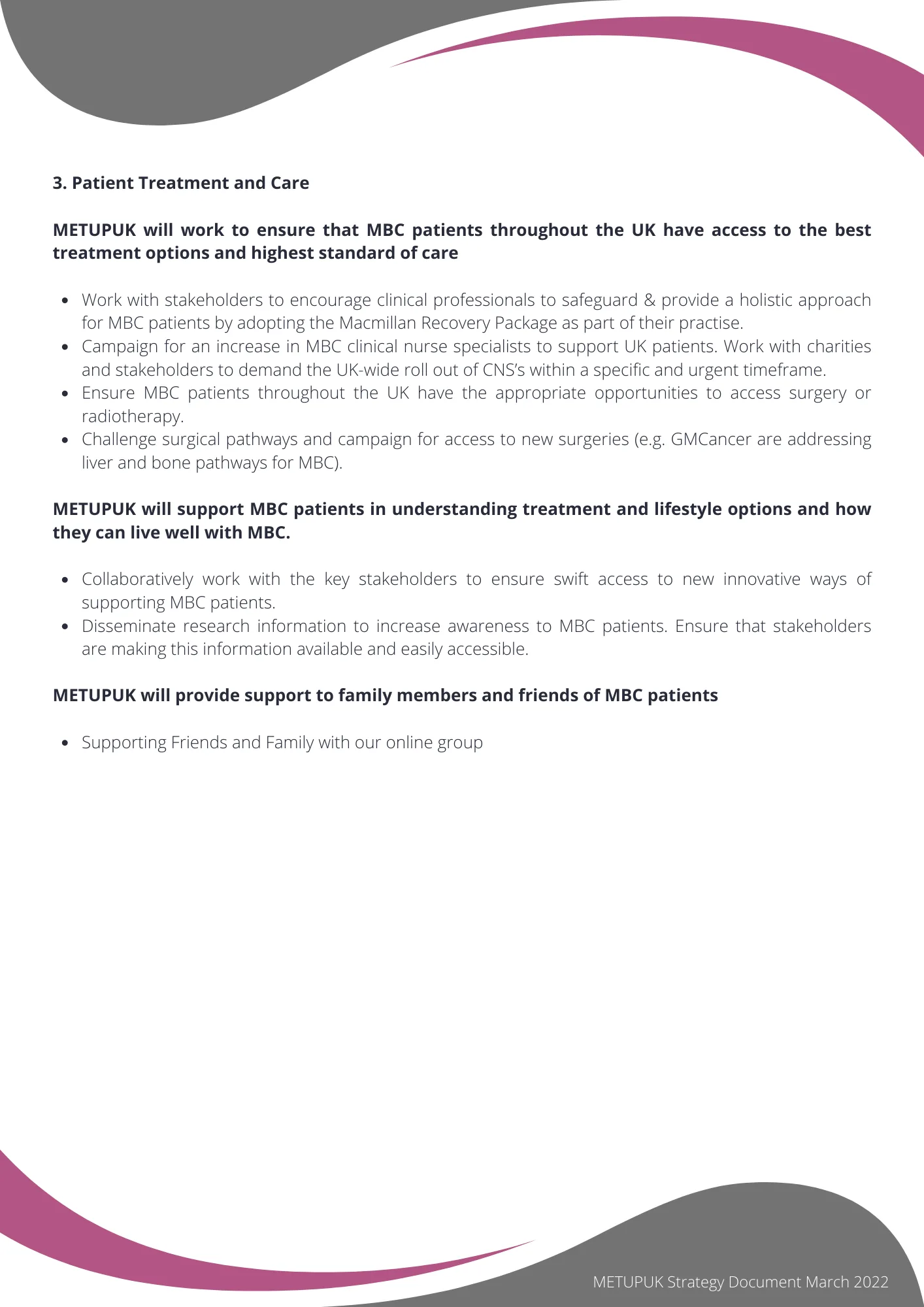 Page three of the METUPUK strategy document: patient treatment and care, including access to the best treatment options across the UK and support for family and friends.