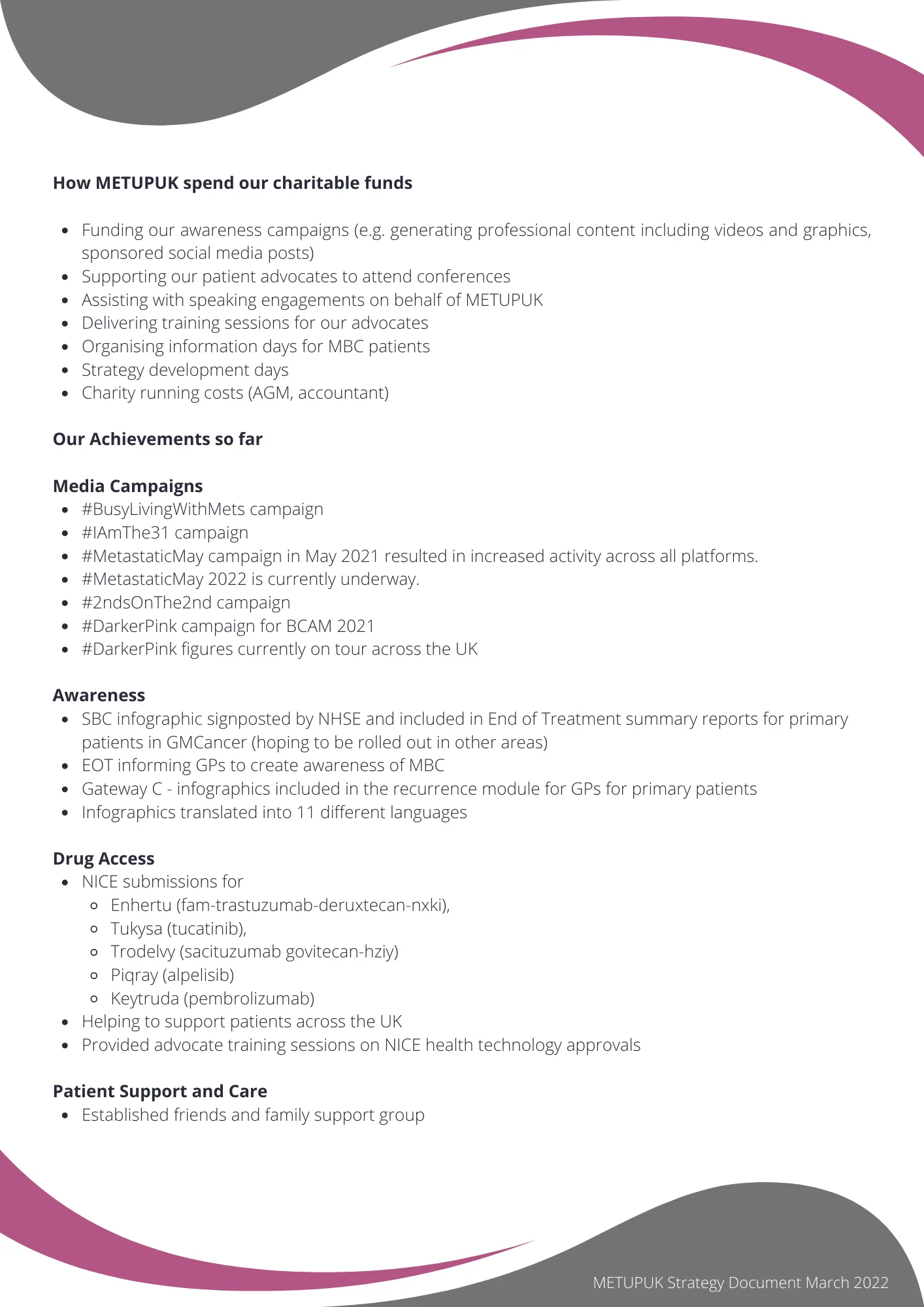 Page four of the METUPUK strategy document: how METUPUK spends its charitable funds, and its achievements so far in media campaigns, awareness, drug access and patient support.