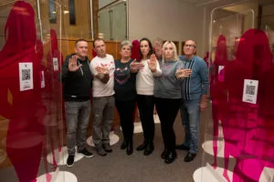 GLASGOW, SCOTLAND - DECEMBER 02: Alan Smith, Kenny Gilchrist, Lorraine Gilchrist, Helen Crawford, Emma Smith and Kenny Gilchrist during the launch of 'The Darker Side of Pink exhibition at the Mitchell Lubrary, on December 02, 2022, in Glasgow, Scotland (Photo by Craig Foy / SNS Group)
