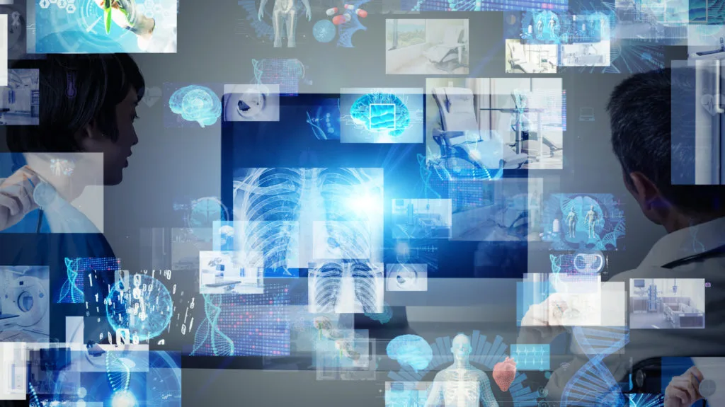 A montage of medical scans and imaging screens in blue.
