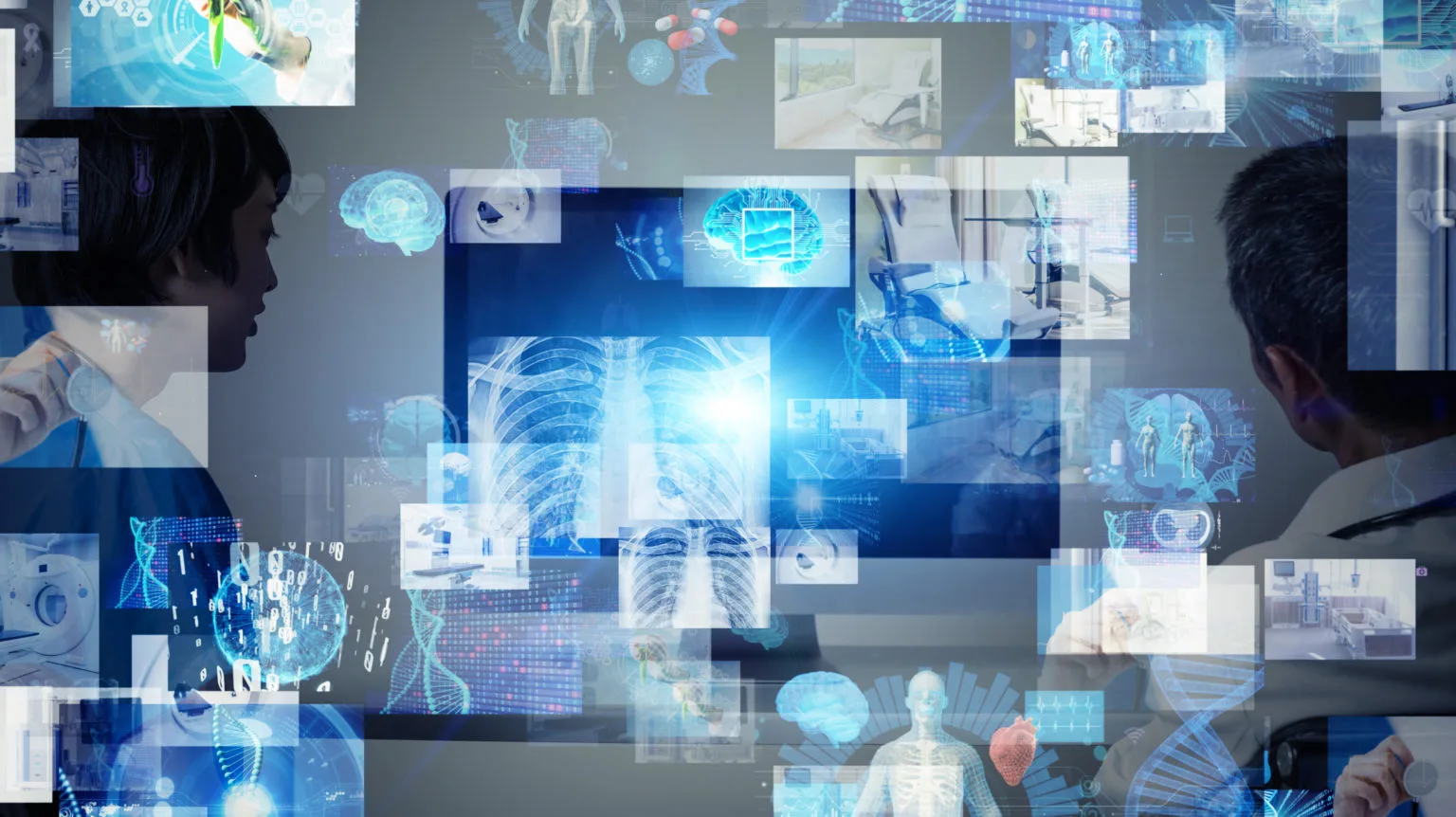 A montage of medical scans and imaging screens in blue.