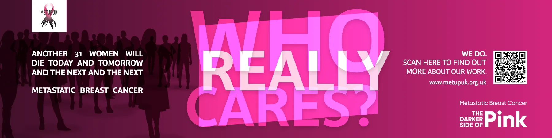 A METUPUK campaign banner headed Who really cares?, over a crowd in silhouette: another 31 women will die today and tomorrow and the next and the next, of metastatic breast cancer. We do. Scan here to find out more about our work.